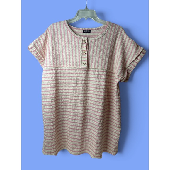 HEIMISH USA Tops - Heimish USA Pink White Striped Henley Top‎ 2XL Plus Size Textured Short Sleeve